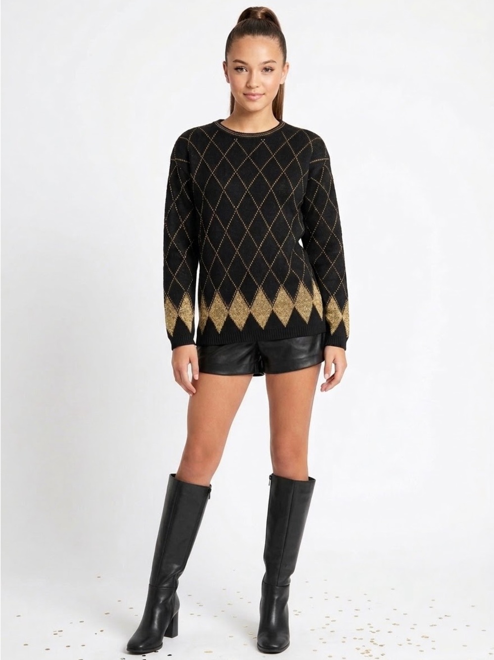 Vintage 90s  Koret Black & Metallic Gold Argyle Knit Sweater - Size S